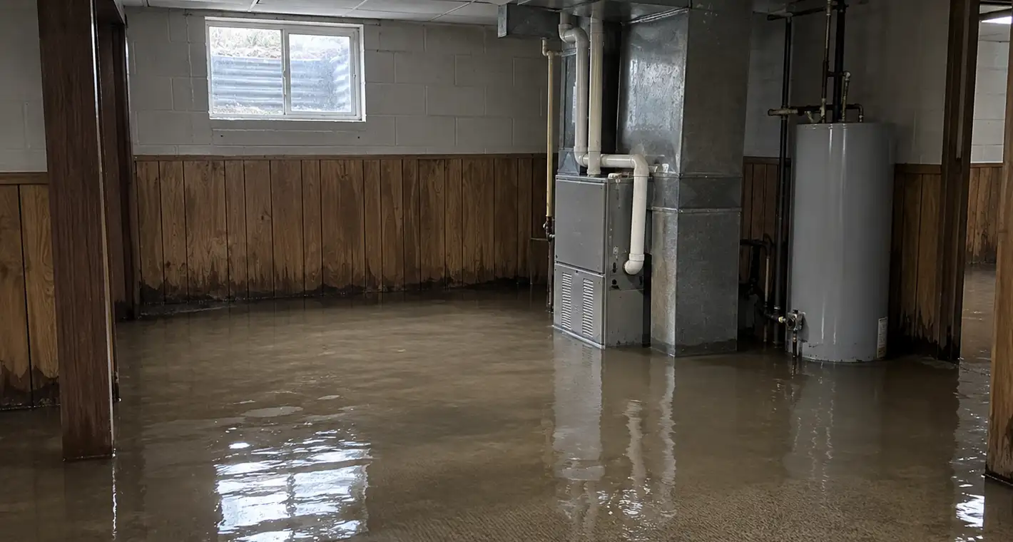 Standing water across the floor of a finished basement, with a gas furnace and water heater sitting in it